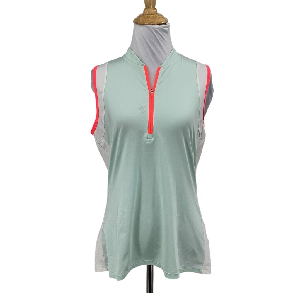 Adidas Polo Shirt Womens M Medium Sea Mist White Blade Collar 1/4 Zip Sleeveless